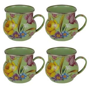 MACKENZIE-CHILDS Enamelware Mug Set of 4 Flower Market Green  New
